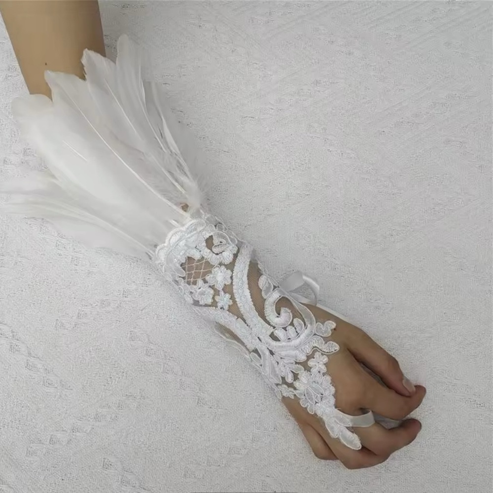 Elegant White Lace and Feather Glove